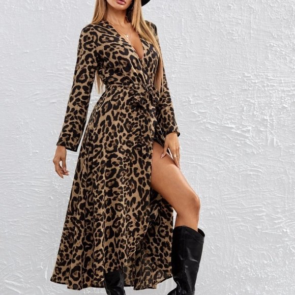 Leopard Print Self Belted Wrap maxi Dress - Picture 3 of 5